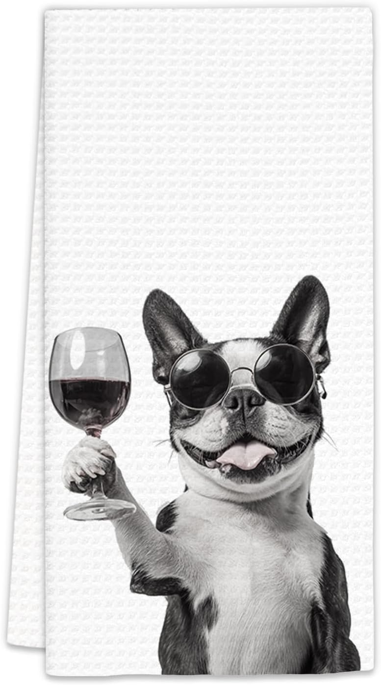 FIicy Boston Terrier Gifts Wine Dog Kitchen Towels, Gifts for Boston Terrier Dog Wine Lovers Decorative Hand Dish Towel for Kitchen Home Bar,Funny BostonTerrier Dogs Home Bar Kitchens Decor(16x24Inch) - Image 1